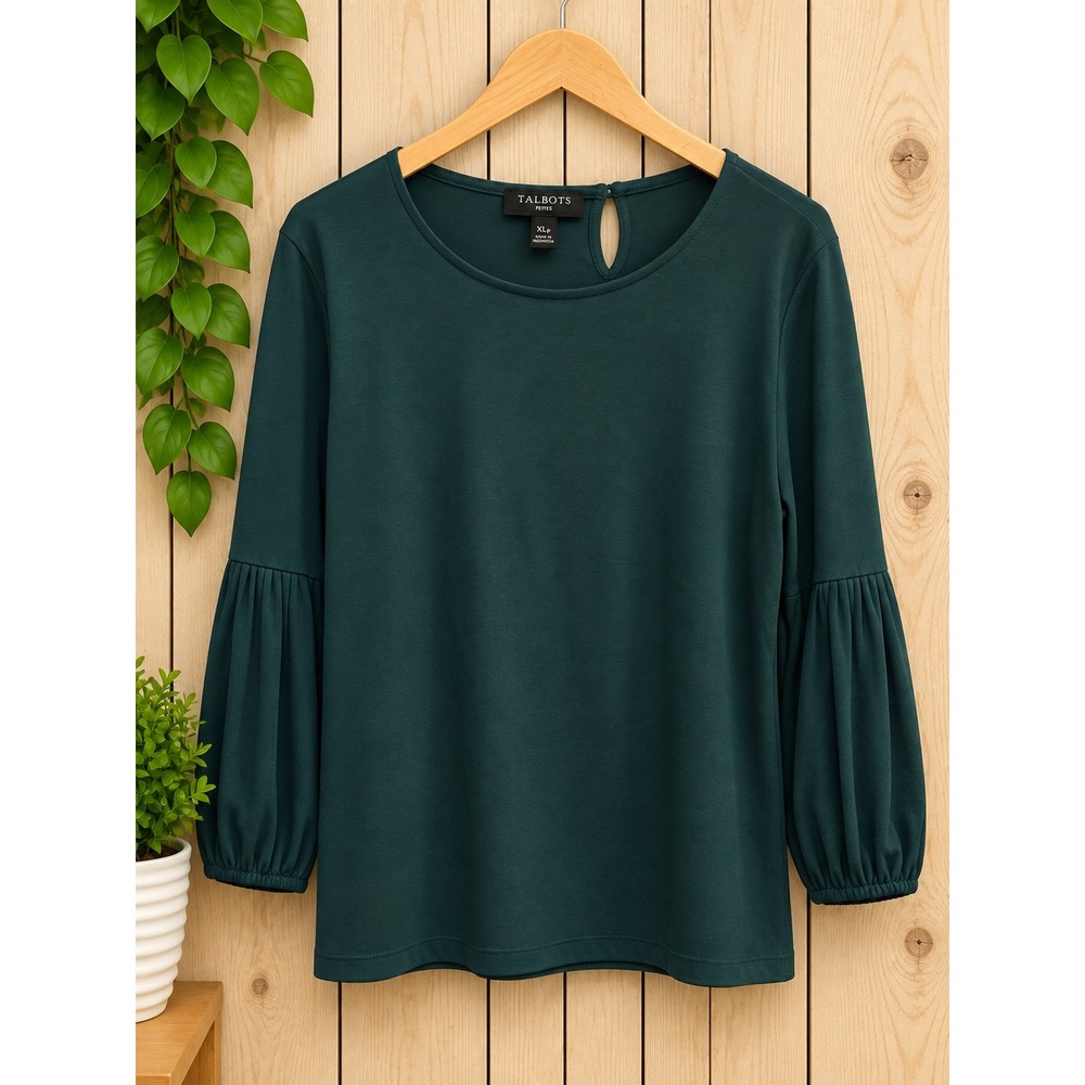 Talbots Petites Green Puff Sleeve Knit Top XLp Keyhole Back Stretch 3/4 Sleeve